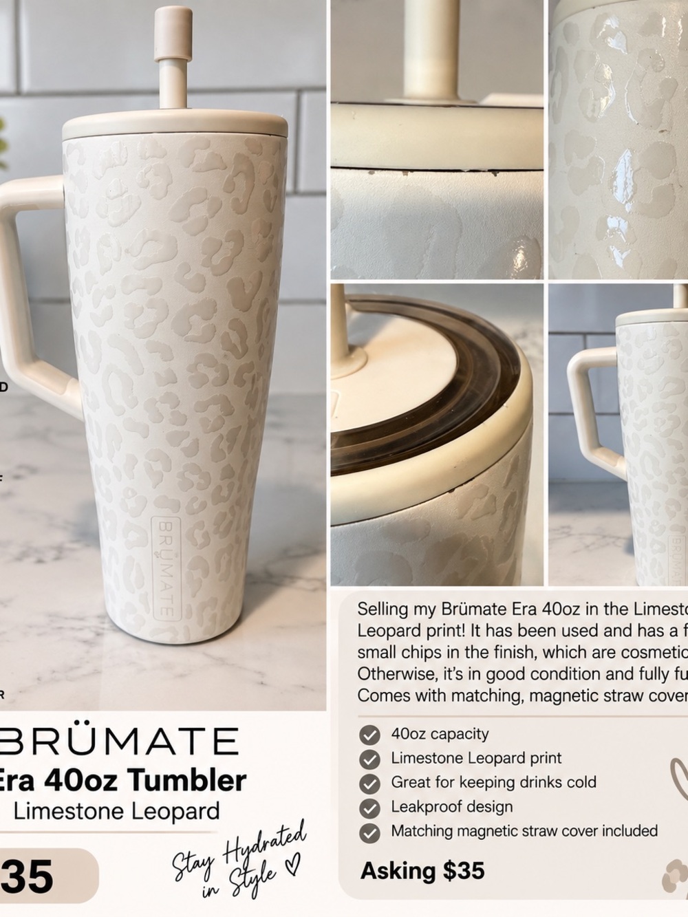 Era by BRUMATE 40oz Tumbler in Limestone Leopard